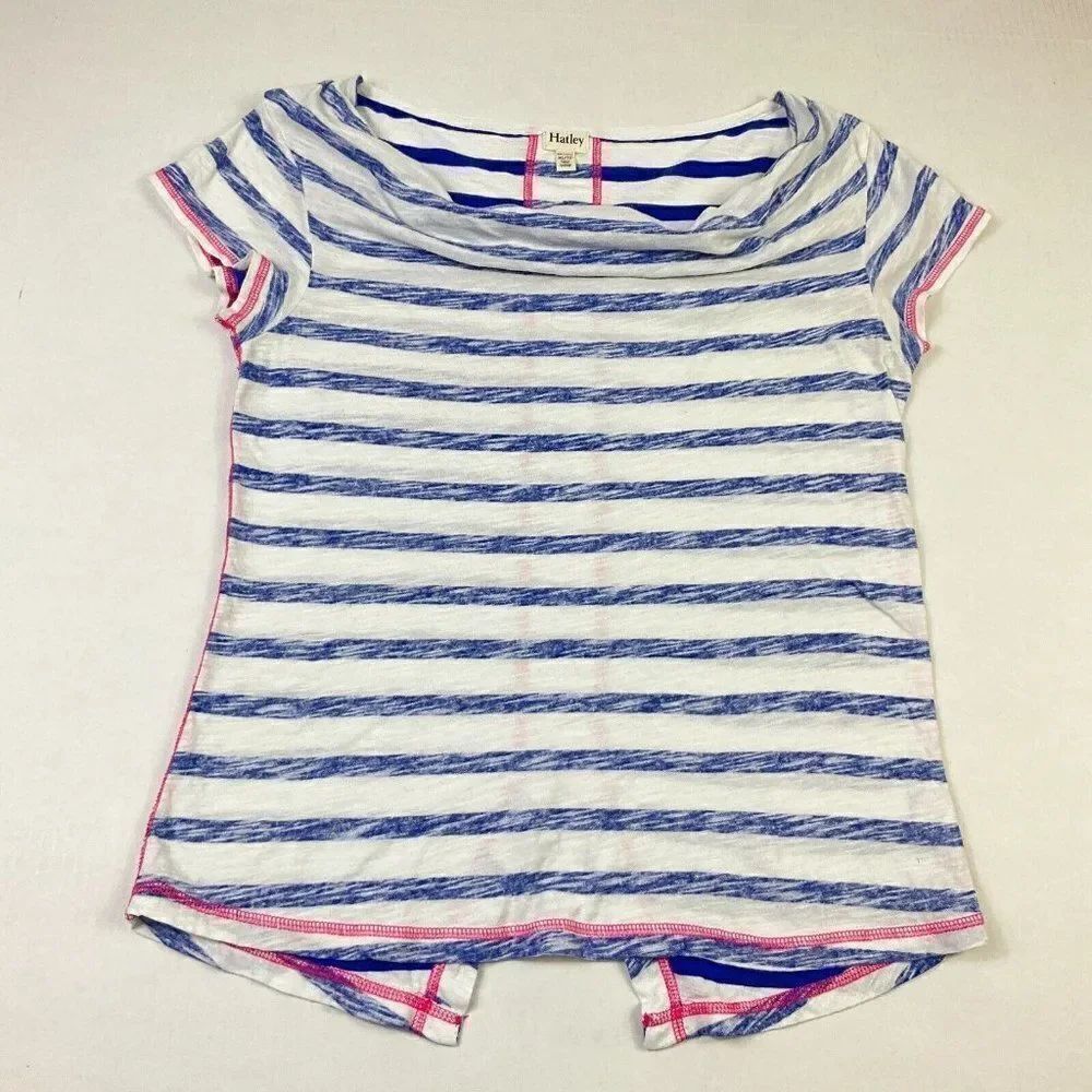 Hatley Cowl Neck T-Shirt Striped Split Back Tee Short Sleeve Linen Blend Size XS